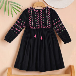 Embroidered Long Sleeve Dress – Black