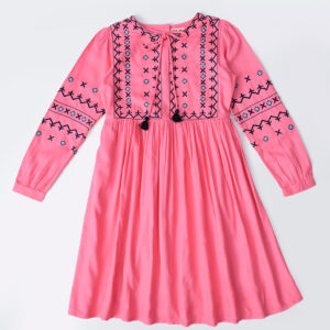 Embroidered Long Sleeve Dress – Pink